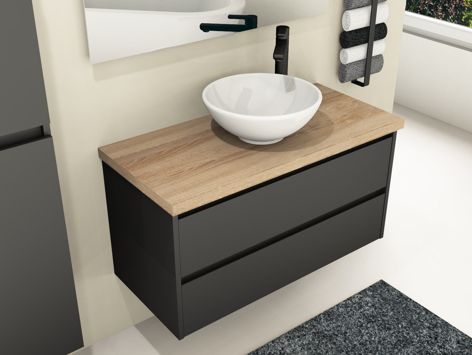 Aqua Bagno Badmöbel-Set Duo Badmöbel 100 cm Anthrazit Matt Lackiert mit Trägerplatte & Becken, (Badschrank vormontiert, 3-St., Badmöbelschrank mit Trägerplatte, Waschbecken), einfache Montage