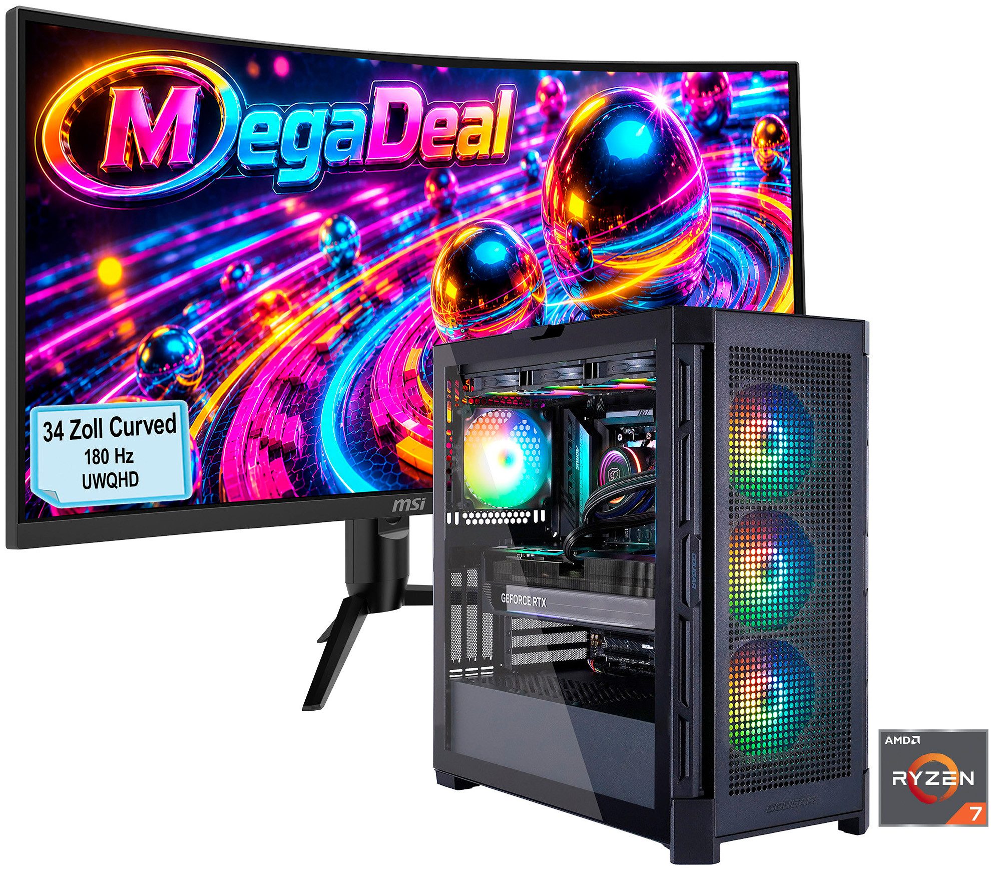 Cougar MegaDeal DUOFACE PRO BK 2849 AMD Ryzen 7 9700X 32GB DDR5 1TB SSD Gaming-PC-Komplettsystem (34", AMD Ryzen 7 9700X, RTX 5070 Ti, 32 GB RAM, 1000 GB SSD, Windows 11, DDR5 RAM + MSI MAG 342CQR E2 Curved Monitor 86cm (34)
