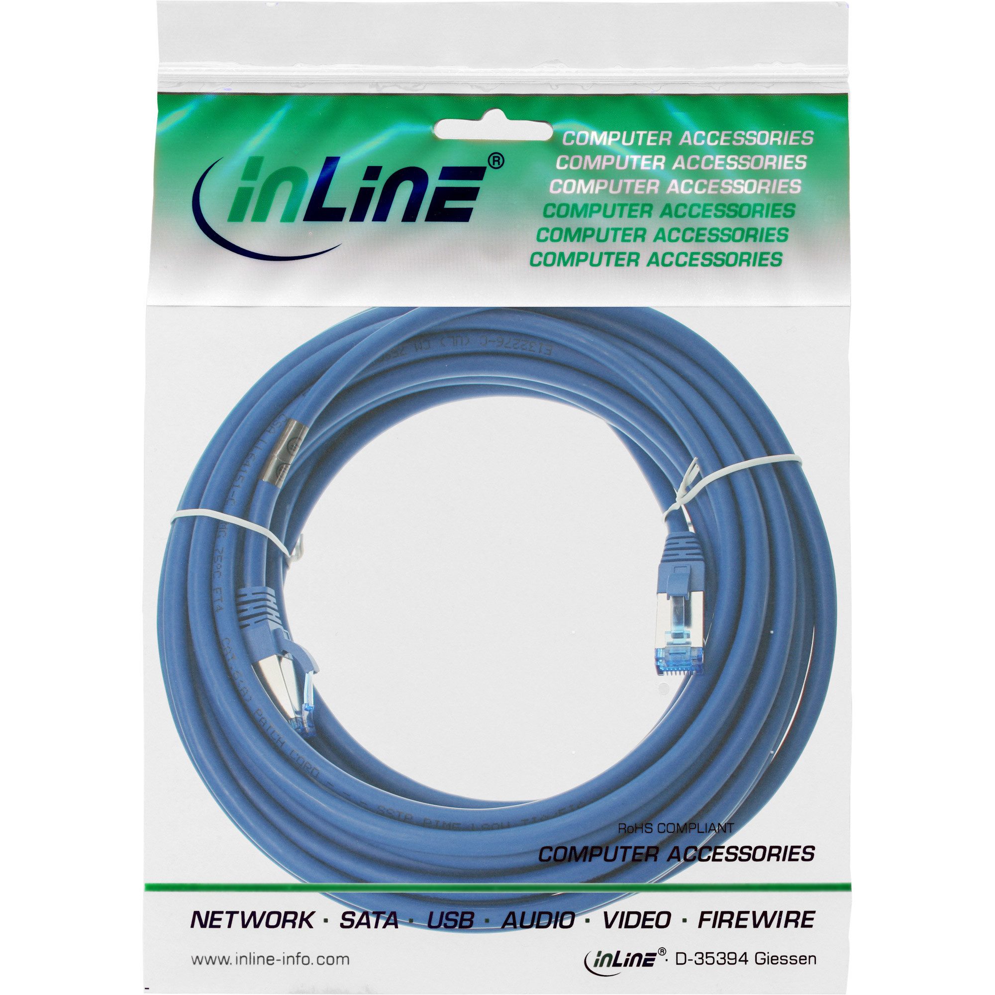 Inline InLine® Patchkabel, S/FTP (PiMf), Cat.6A, halogenfrei, blau, 20m LAN-Kabel