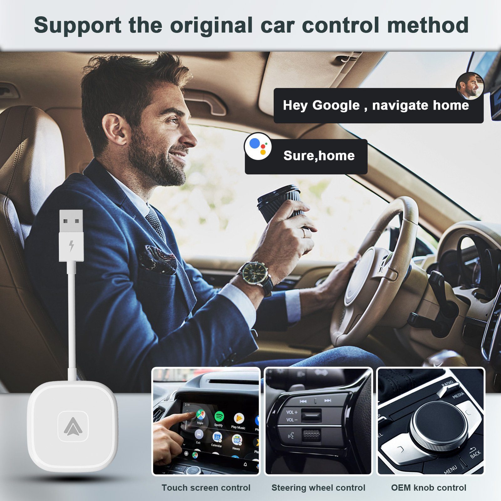 Bolwins C63C Wireless Carplay Adapter Dongle USB-C Adapter Auto System Radios Auto-Adapter USB-A / USB-C Stecker zu Android Auto Adapter, 14,5 cm, Kabellos Android Auto, Plug & Play, für Android Smartphones