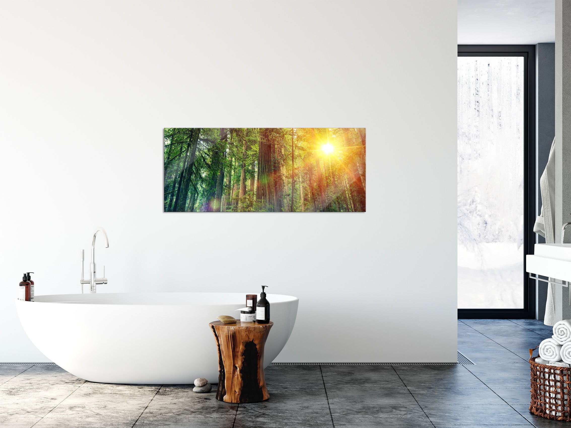 Pixxprint Glasbild Wald bei Sonnenlicht, Glasbild St), inkl. Echtglas, Wald Sonnenlicht aus bei Aufhängungen (1 Abstandshalter und