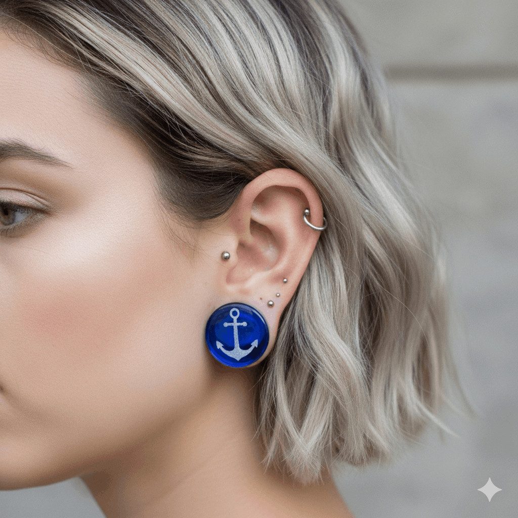 Taffstyle Plug Piercing Glas Plug Ohr Tunnel Blau mit Anker Maritim (Ohr Tunnel Plug mit Anker Motiv – maritimer Schmuck für Damen und Herren)
