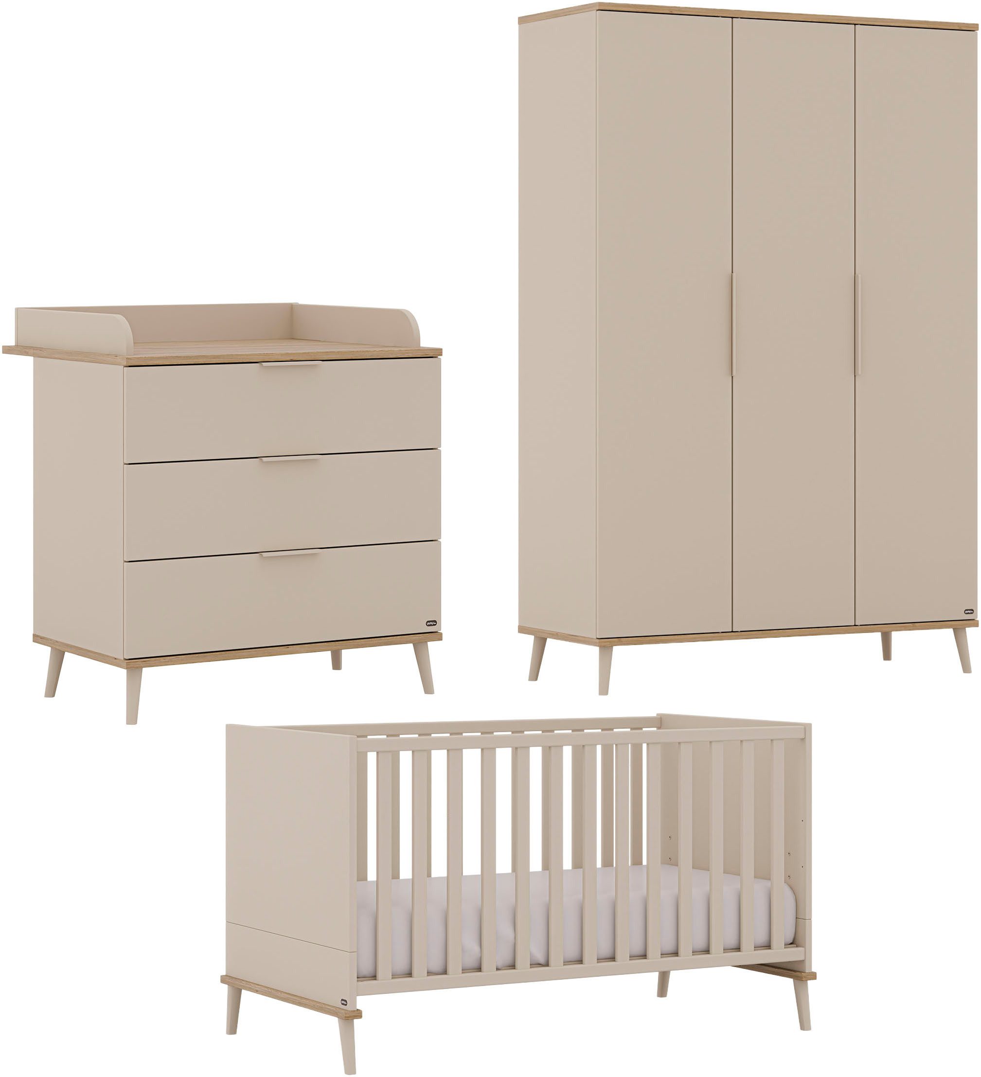 YUNY by PAIDI Babymöbel-Set HAZEL, 3-teiliges Babyzimmer in Beige, modernes Komplettset, (Spar-Set, 3-tlg., 70x140cm Babybett, Kleiderschrank 3-türig, Wickelkommode inkl. Aufsatz), Kinderzimmer, Soft-Close-Funktion, Mitwachsendes Bett inkl. Lattenrost