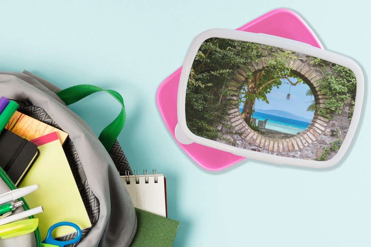 Tropisch Kunststoff, Kunststoff - (2-tlg), Mädchen, Kinder, Durchsichtig Strandkorb, - Strand Lunchbox Brotbox für Erwachsene, Snackbox, - rosa MuchoWow Brotdose