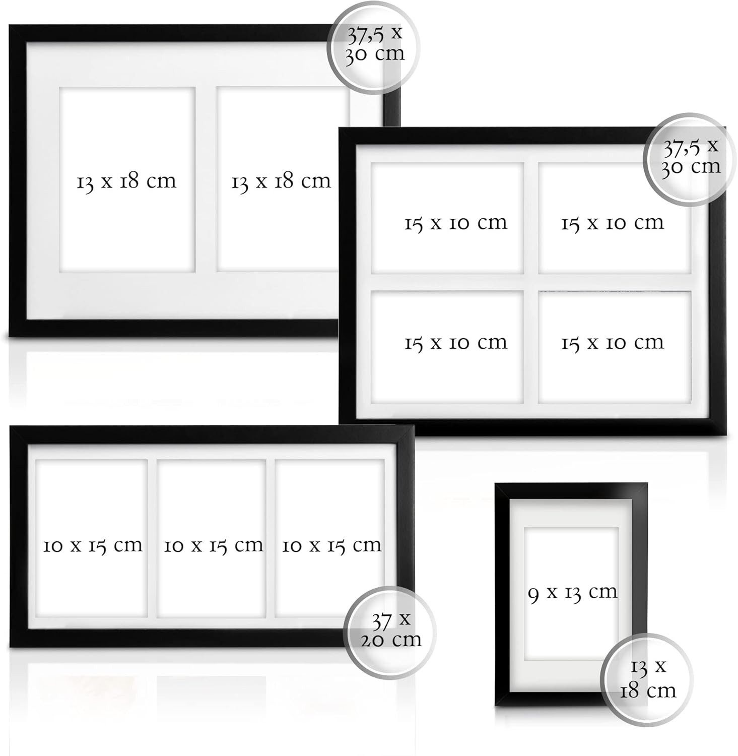 bomoe Bilderrahmen Bilderrahmen Collage Galeria,10x15 cm, 13x18 cm, 9x13 cm, Schwarz, Kunststoffglas, Metall-Aufhängung & Passepartout Multirahmen Holz