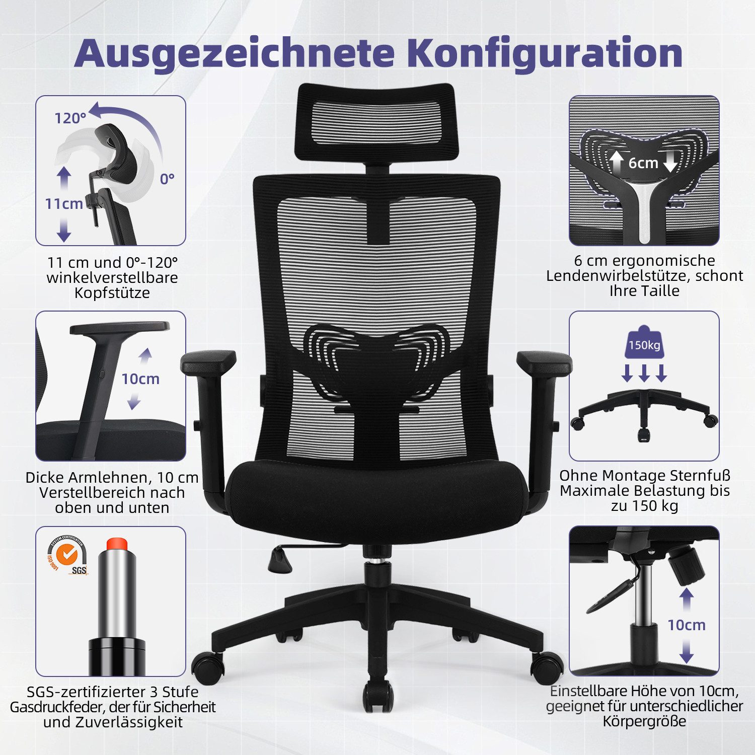 Adormii Bürostuhl Bürostuhl mit Gerauschlose Gummirollen,Ergonomischer Bürostuhl (Drehstuhl 360° mit Verstellbarer Kopfstütze, verstellbarer Lendenwirbelstütze  – Bild 5 von 5