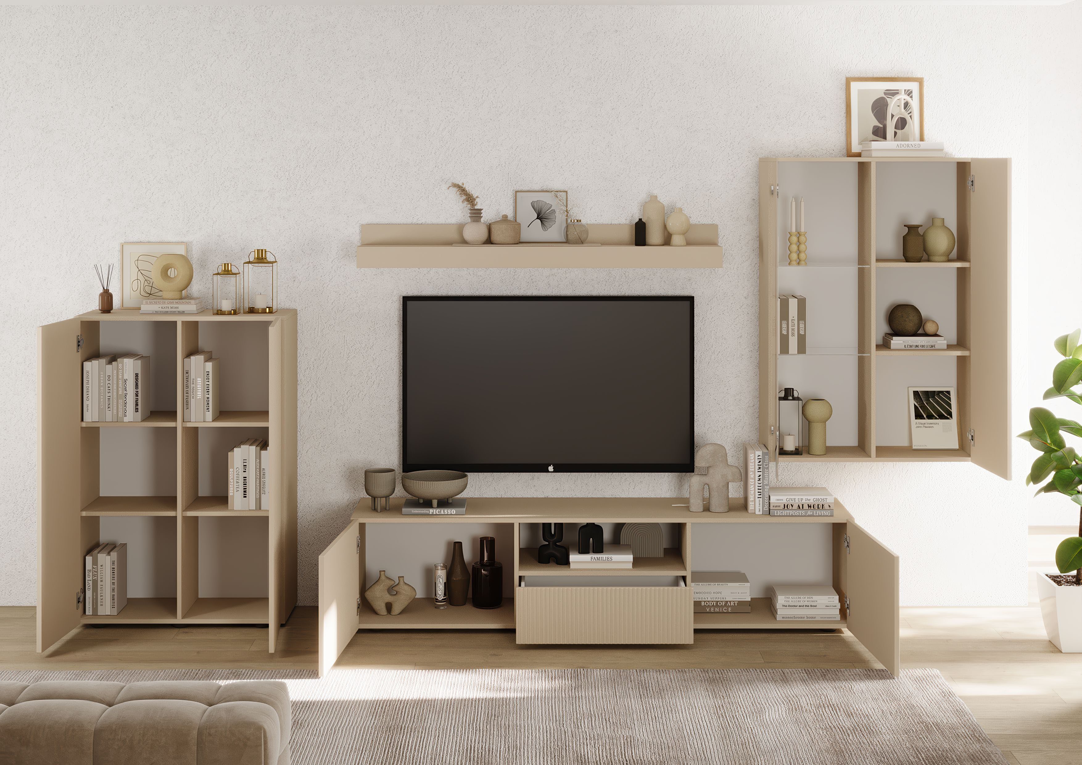 Home affaire Wohnwand Rio, 4tlg. Breite 300 cm, modernes, elegantes Wohnzimmer-Set, (4-St), (Lowboard, Highboard, Hängevitrine, Wandboard), MDF-Fronten geriffelt