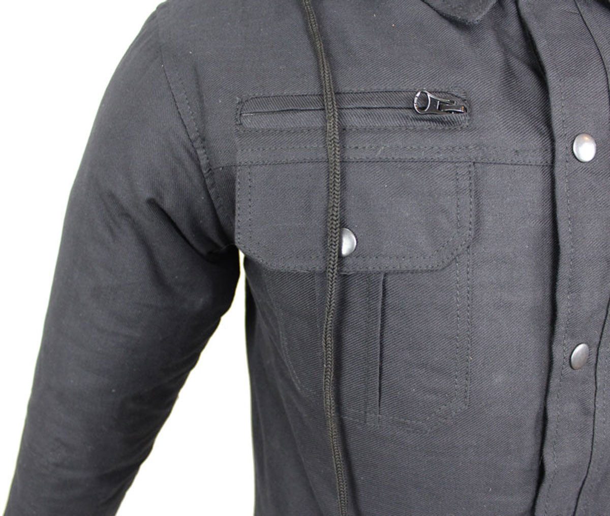 Alpha Speeds Motorradjacke Flanell-Holzfäller Motorrad KEV ARAMID Lumber-Biker Hemd PRO Schwarz (Wasserdicht & Winddicht & Atmungsaktiv + wasserdichte Reißverschlüsse) mit abnehmbare Kapuze & Innenjacke, All Season, inklusive Protektoren