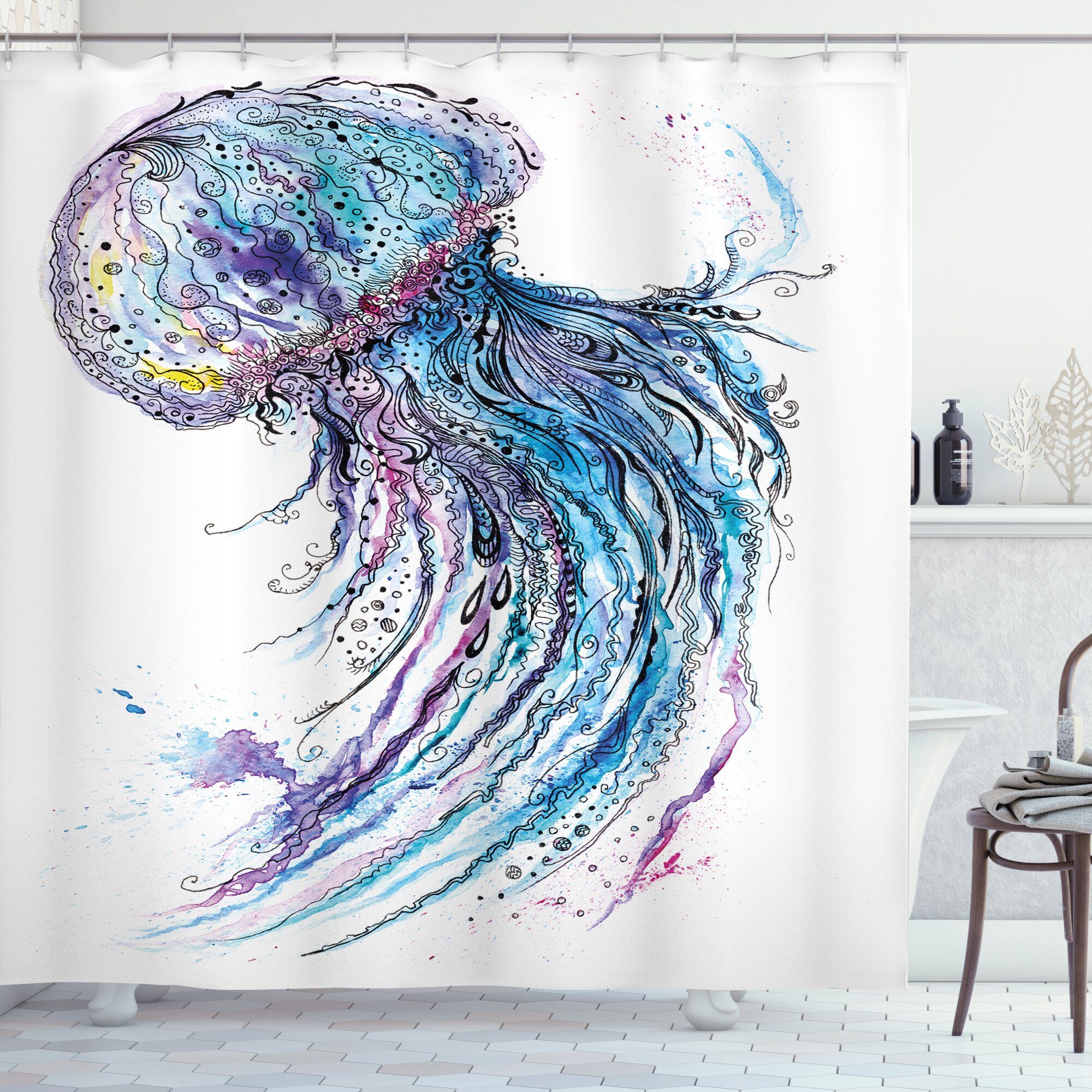 Abakuhaus Duschvorhang Moderner Digitaldruck mit 12 Haken auf Stoff Wasser  Resistent Breite 175 cm, Höhe 180 cm, Qualle Aqua Farben Kreative
