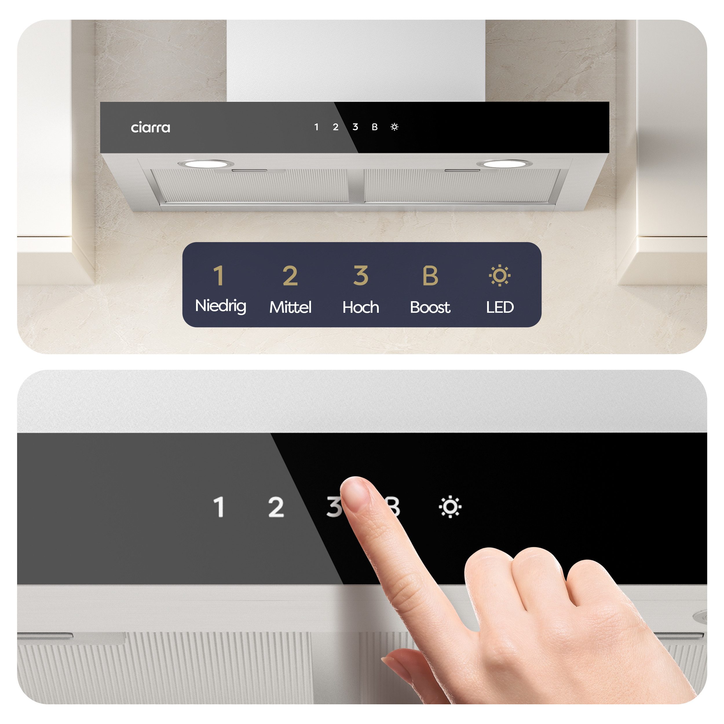 CIARRA Wandhaube 60 cm Dunstabzugshaube A+++ 706 m³/h Umluft & Abluft 4 Stufen CBCS6102 Aktivkohlefiltern, Fettfiltern, LED, WIFI-APP Touch Control mit BOOST – Bild 5 von 5