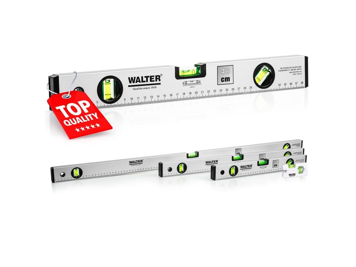 WALTER Wasserwaage 40, 60, 100 cm+ Mini, Mit 3 Libellen für präzise Messungen, angenehme Handhabung