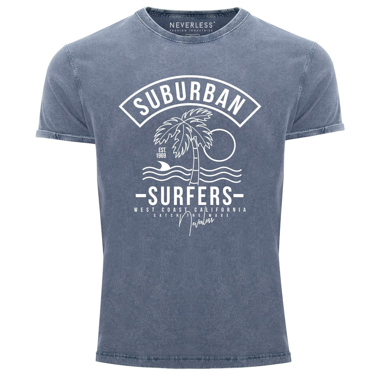 Neverless Print-Shirt Neverless® Herren T-Shirt Vintage Shirt Printshirt Suburban Surfers West Coast California Urlaub Meer Wellenreiten Used Look Slim Fit mit Print blau