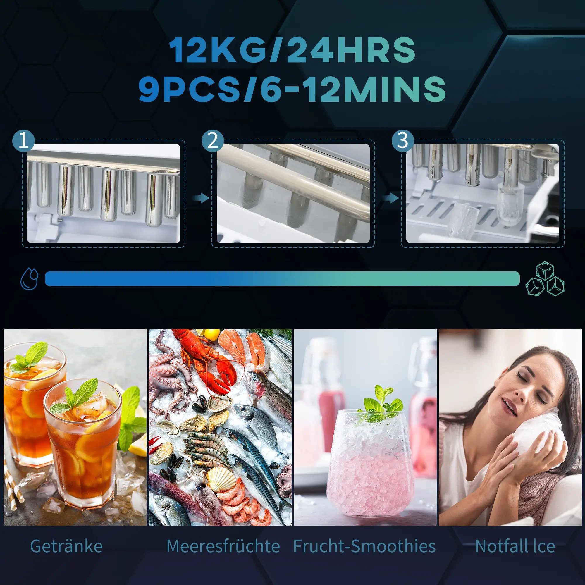 DOPWii Eiswürfelmaschine Eiswürfelmaschine Eiswürfelspender,Ice-Maker,12kg/Tag, 9 Stück/6-12Min, 35,3cm x 24,2cm x 33cm, Kapazität 1.8 Liter, 130 Watt, Silber