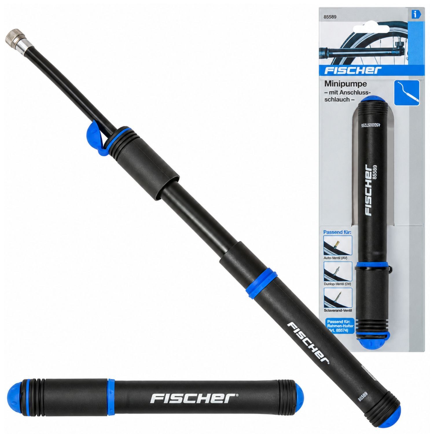FISCHER Fahrrad Fahrradpumpe Mini Fahrrad-Pumpe Reflex Luftpumpe Minipumpe, Anschluss-Schlauch für Auto-Ventil Dunlop-Ventil Scaverand-Ventil