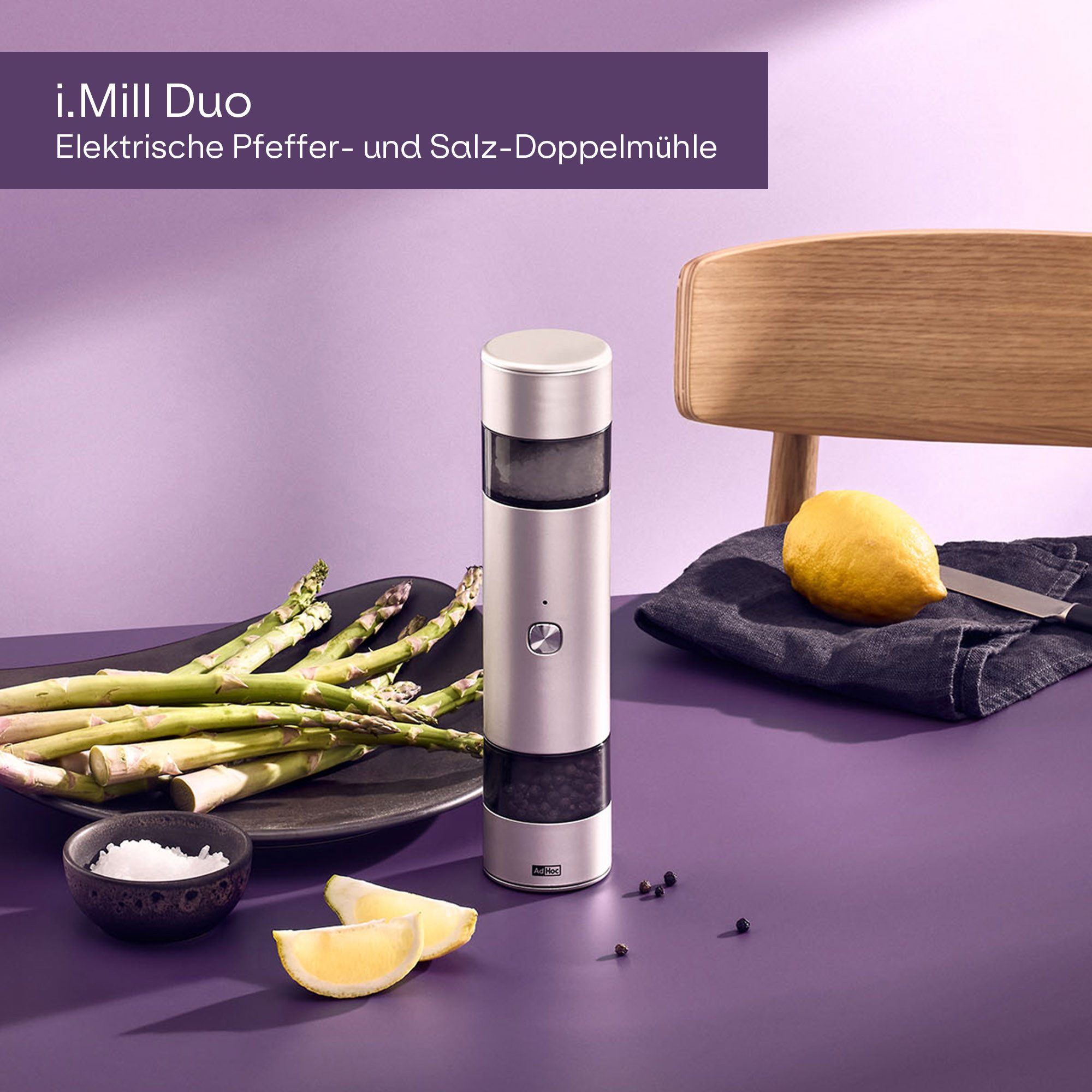 AdHoc Salz-/Pfeffermühle i.Mill Duo Akku, CeraCut® Ceramic-Mahlwerk, GravitySwitch-Automatik, SilentDrive-Motor