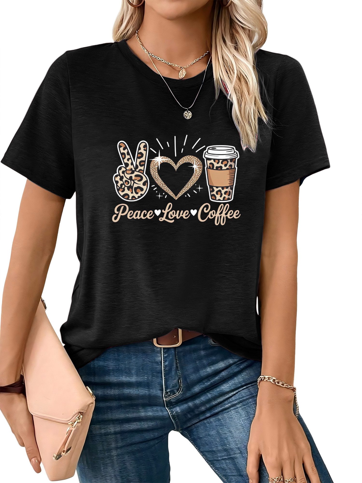 PYLIKE Kurzarmbluse Damen Sommer Elegant bequemes t shirt mit Kaffee Print-Shirt