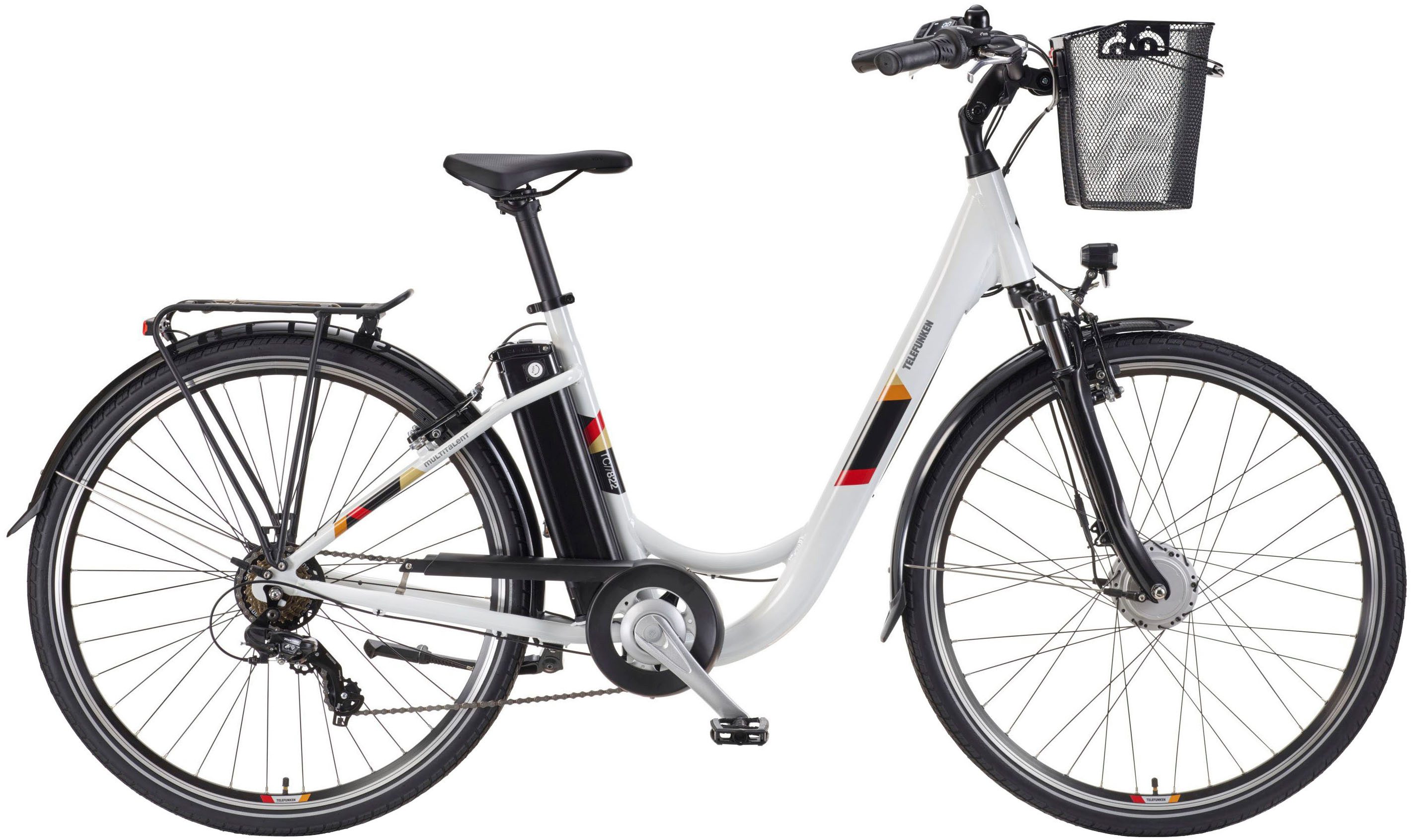 Telefunken E-Bike Cityrad Multitalent RC822, 7 Gang Shimano Tourney Schaltwerk, Kettenschaltung, Frontmotor, 531,3 Wh, (Beleuchtung, Straßenzulassung, ca. 100 km Reichweite, 2 V-Bremsen), Elektrofahrrad, Damen Herren, 28 Zoll, 36,9 V, 531,3 Wh Akku, Pedelec