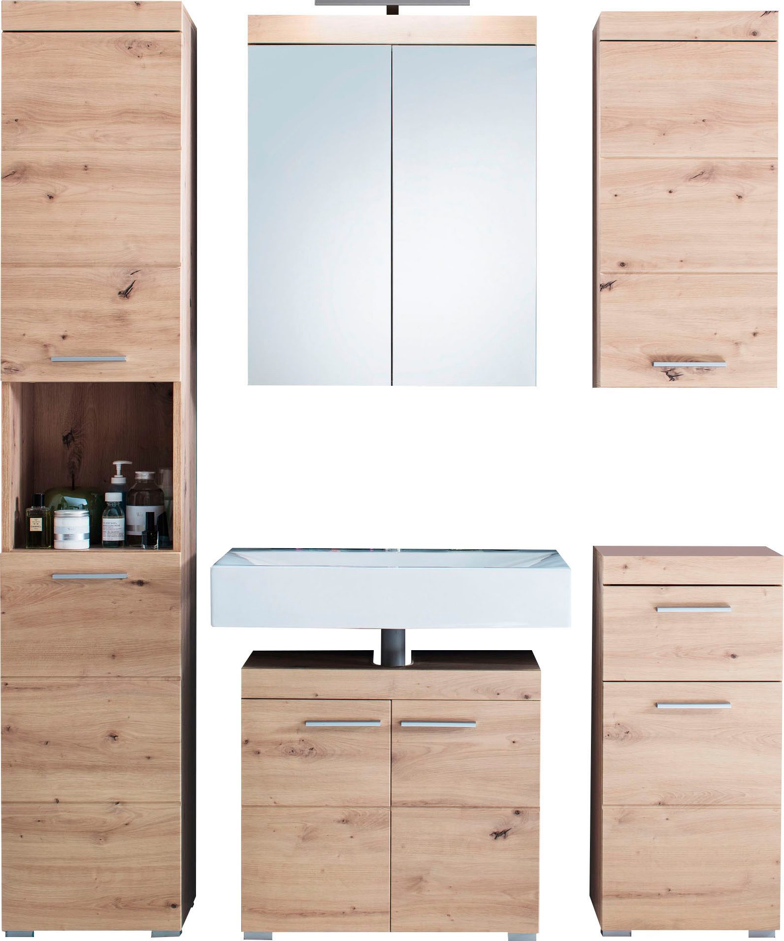 welltime Badmöbel-Set Avena, (Set, 5-St), Hochschrank, WBU, Spiegelschrank, Kommode, Hängeschrank u. Beleuchtung