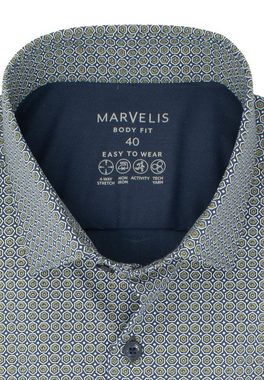 MARVELIS Businesshemd Easy To Wear Hemd - Body Fit - Langarm - Muster - Marine mit Stretch
