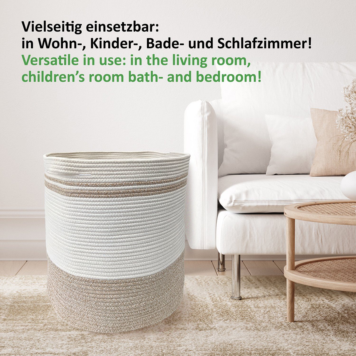 WIESEN.design Wäschekorb Ben Ø41xH46 cm 61L, 100% Baumwolle, Aufbewahrungskorb geflochten, inkl. großem Waschsack und schwerem Wäschesack, gratis Versand – Bild 4 von 5