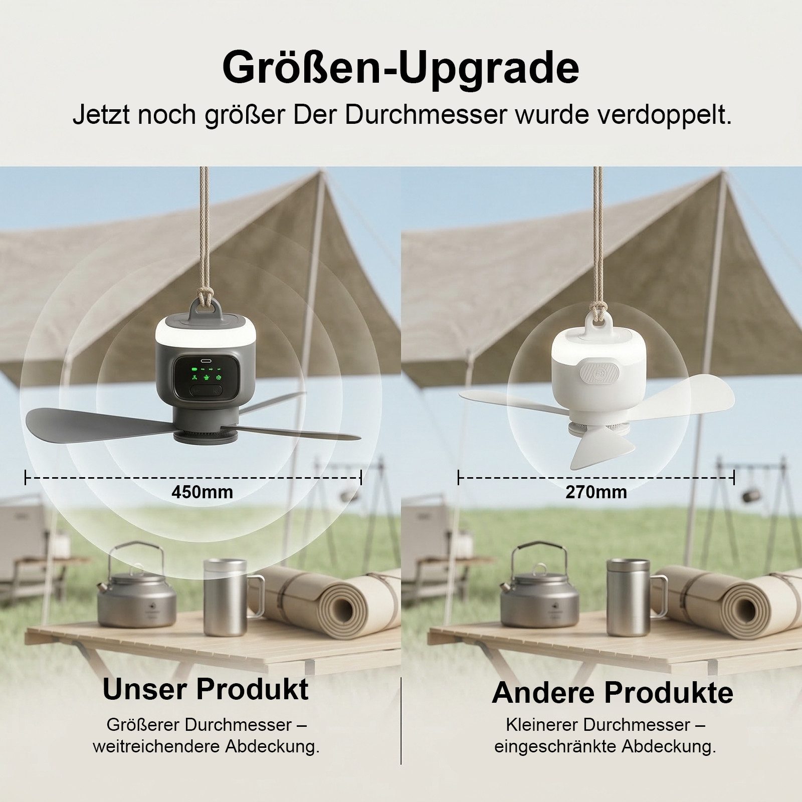 Lapalife Deckenventilator mit Beleuchtung 12000mAh Tragbar Ventilator, 4 Geschwindigkeitsstufen, Leise, Timer, für Terrassen Zelt, Veranda, Wohnmobil