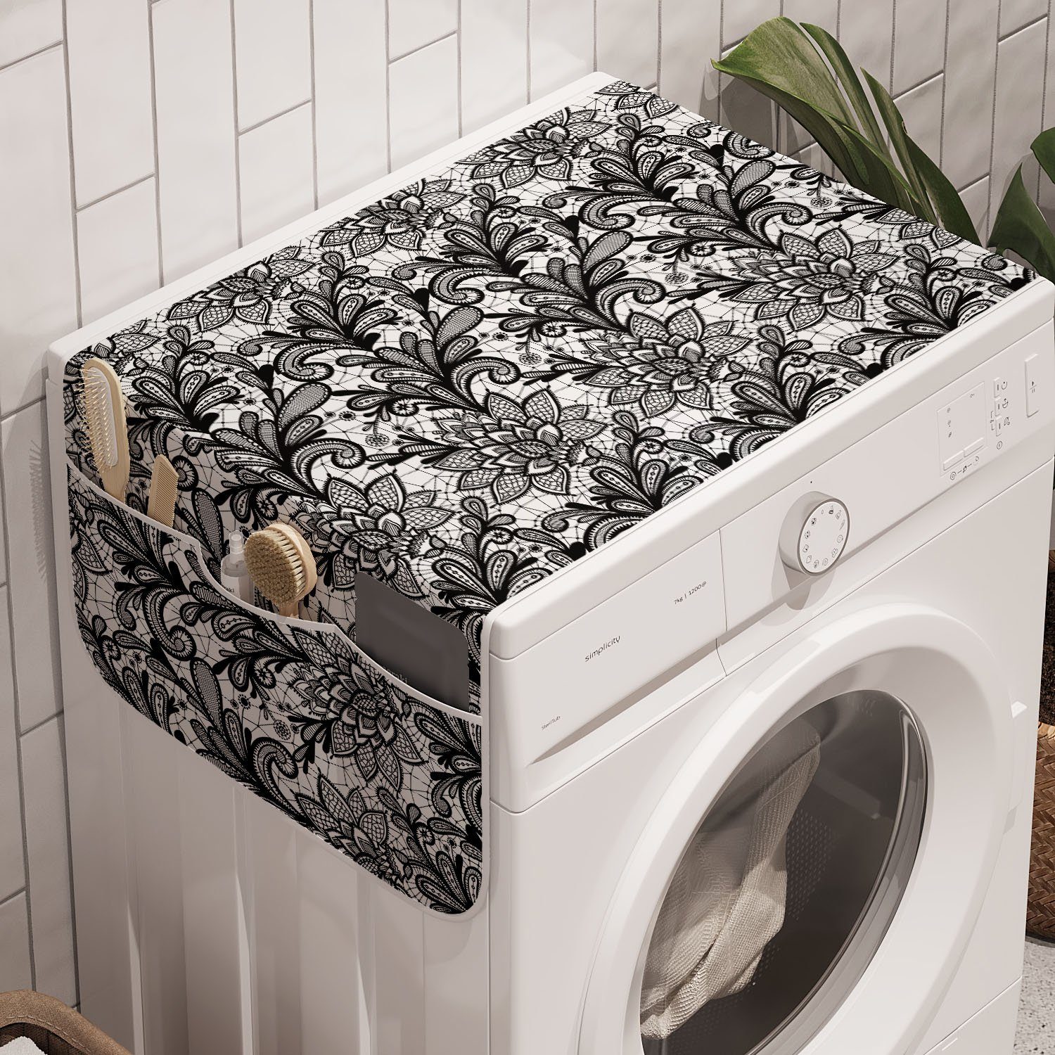 Abakuhaus Badorganizer Anti-Rutsch-Stoffabdeckung für Waschmaschine und Trockner, Blatt Vintage Spitze Stil Gothic