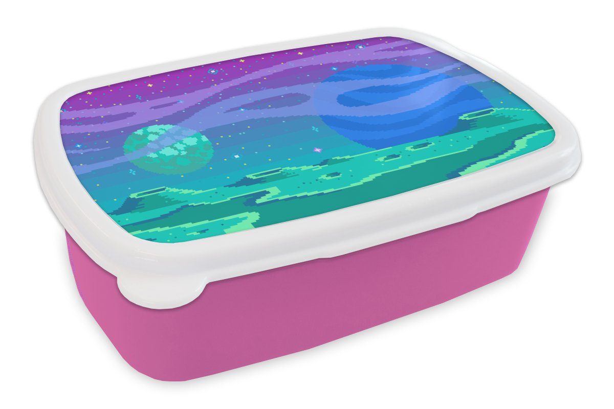 für Brotbox Pixel - Spiele Snackbox, Kinder, Mädchen, - Erwachsene, Lunchbox Mond, Brotdose Kunststoff Art (2-tlg), rosa MuchoWow Kunststoff,