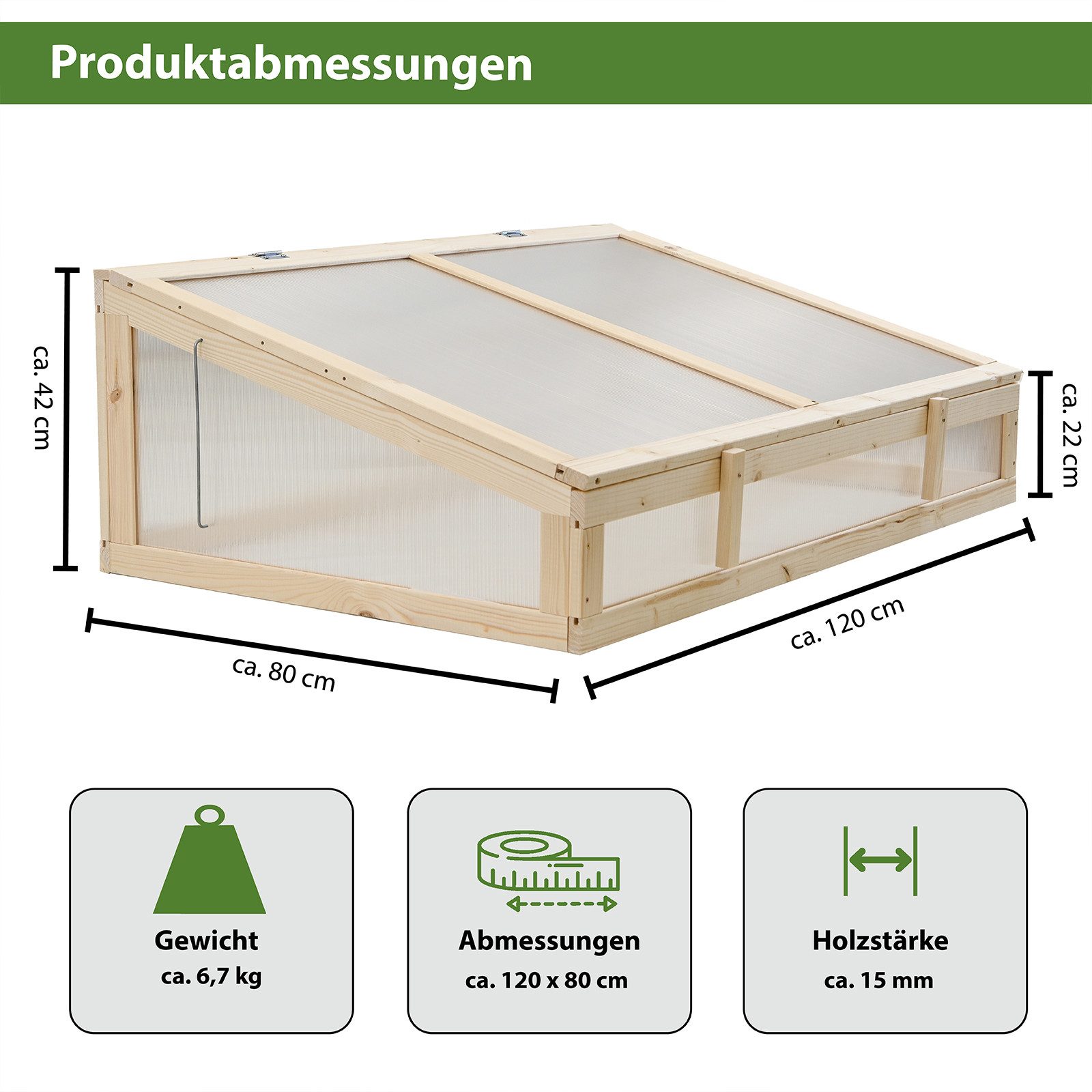 TRUTZHOLM Frühbeetaufsatz Frühbeetaufsatz aus Holz 120x80cm Gewächshaus für Hochbeet natur, BxTxH: 120 x 80 x 42 cm, nicht zutreffend