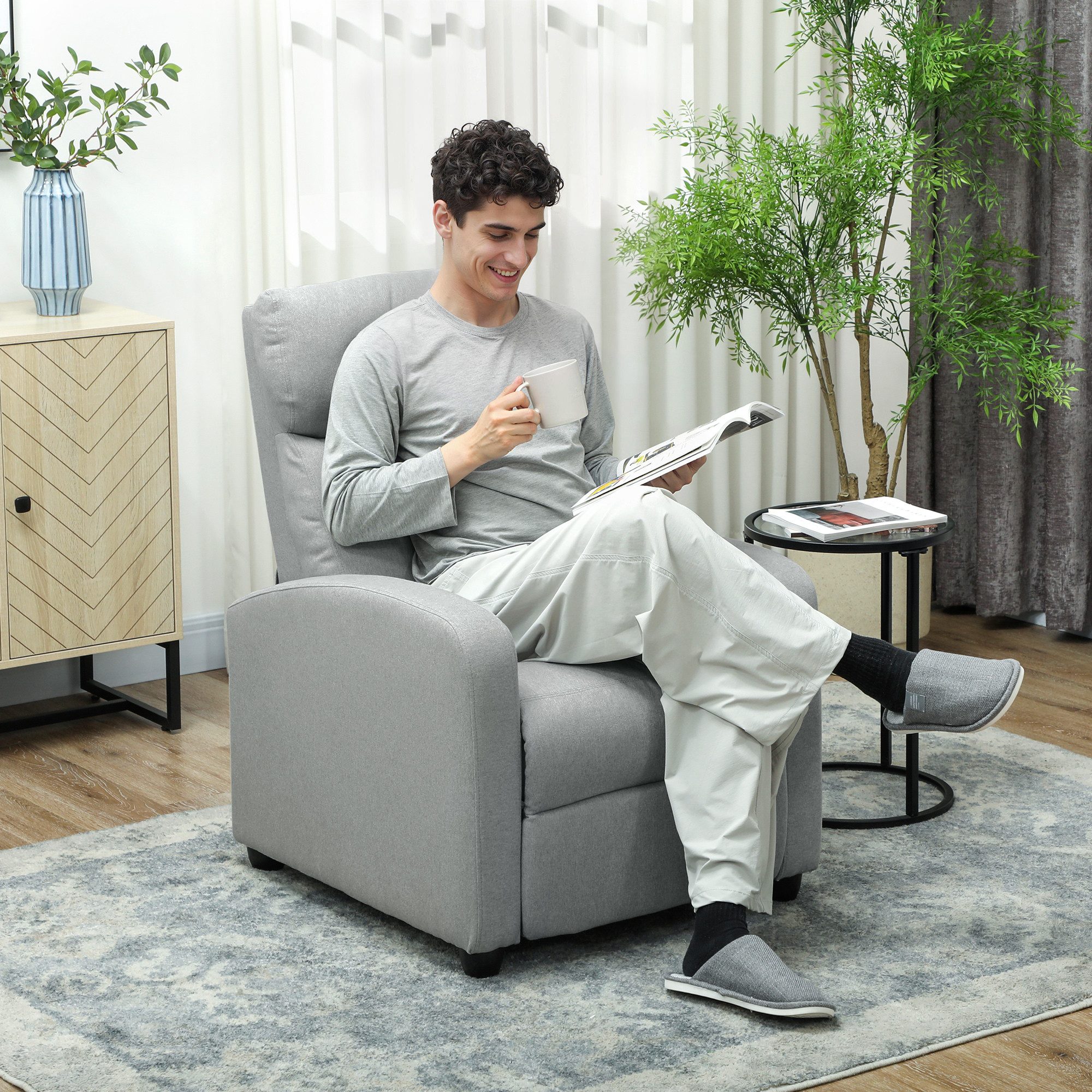 HOMCOM Relaxsessel Ruhesessel mit Leinenoptik, Liegefunktion, mit Fußstütze (gepolstert TV-Sessel, 1-St., Fernsehsessel), für Wohnzimmer, Schlafzimmer, Hellgrau