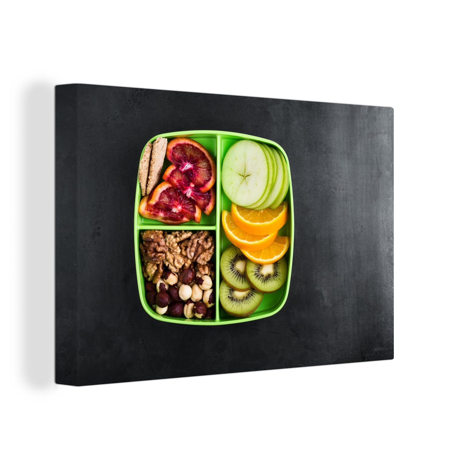OneMillionCanvasses® Leinwandbild Buntes Mittagessen vor schwarzem Hintergrund, (1 St), Wandbild Leinwandbilder, Aufhängefertig, Wanddeko, 30x20 cm