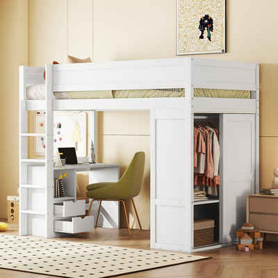 Flieks Hochbett Kinderbett Einzelbett 90x200cm mit Kleiderschrank und Schreibtisch