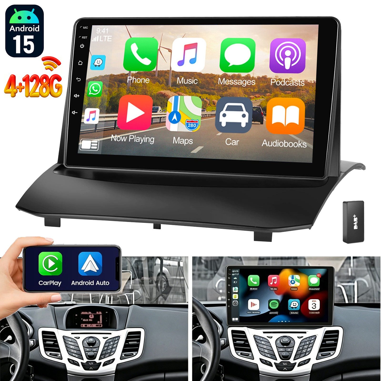 ESSGOO DAB+ Android 15 Autoradio GPS Navi WIFI Für Ford Fiesta MK6 2009-2017 Autoradio (4+64GB(optional), FM, AM, DAB+ (optional), Apple Carplay & Android Auto,Bluetooth EQ USB Touchscreen SWC)