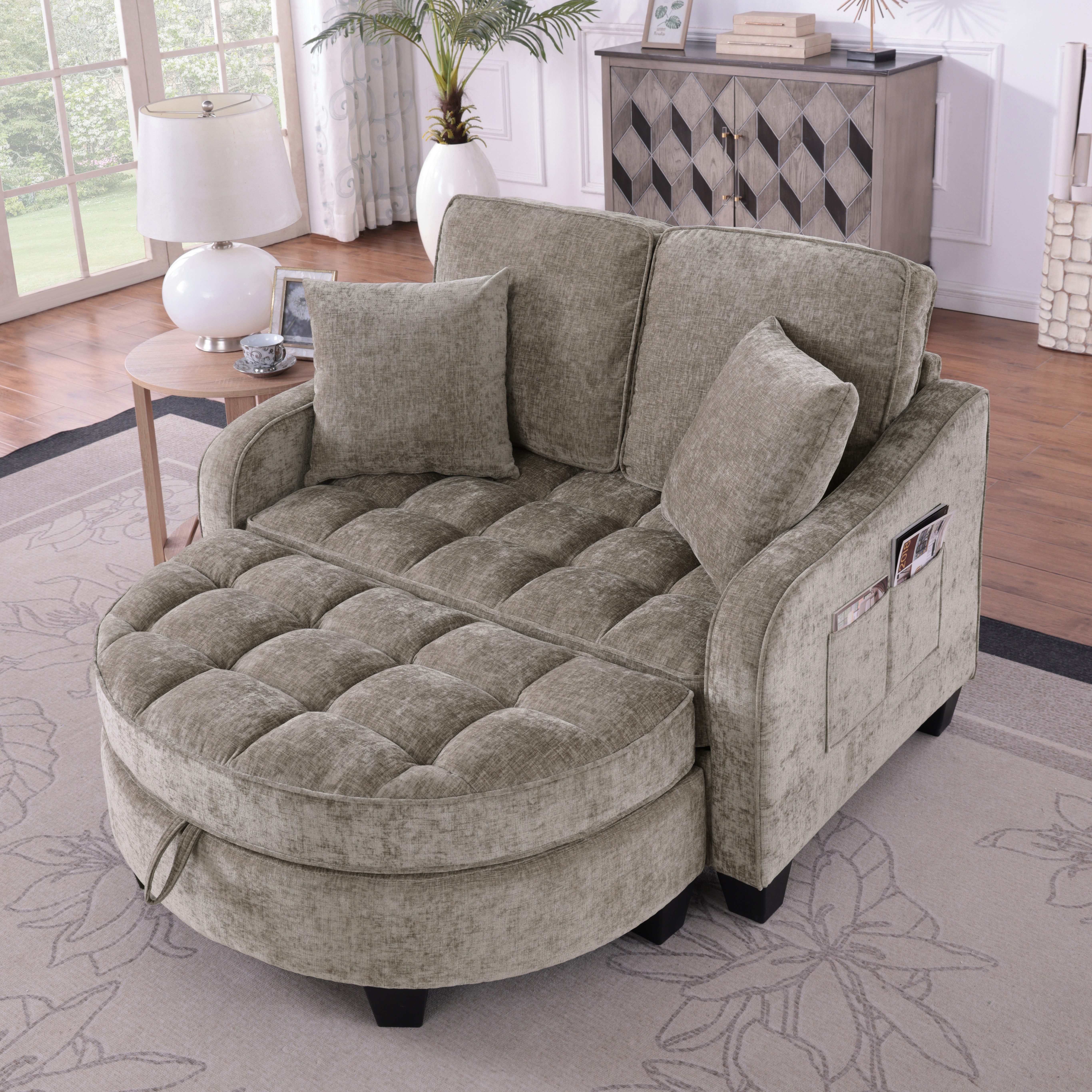 MODFU Schlafsofa Nachhaltiger Hocker in Eukalyptus, 132x129x93 cm, Set 1 Teile, Mit integriertem Staufach – die praktische 2‑in‑1 Lösung