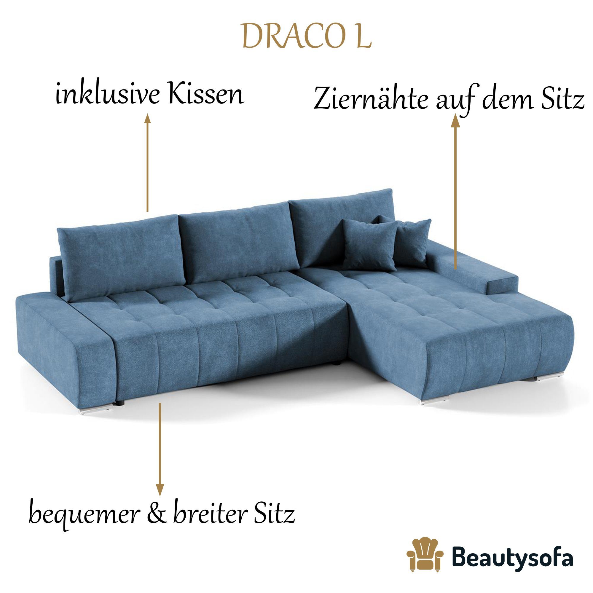 Blau Wohnzimmer 12) DRACO Ecksofa Ecksofa Bettkasten mit Couch Schlaffunktion, Sofa (aston Beautysofa