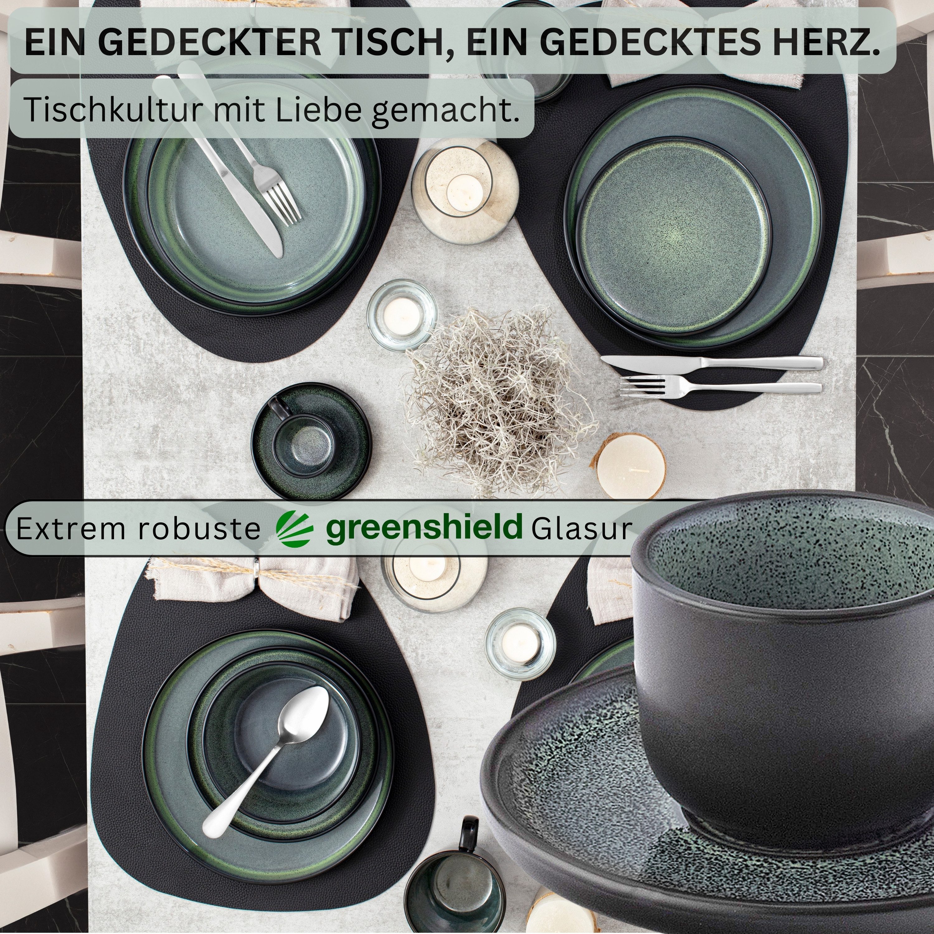SÄNGER Espressotasse Set Malmö 12 tlg., 12-tlg., Steingut, Grün-Schwarz, 80 ml, Erweiterbar, Handmade, VALUE COLLECTION
