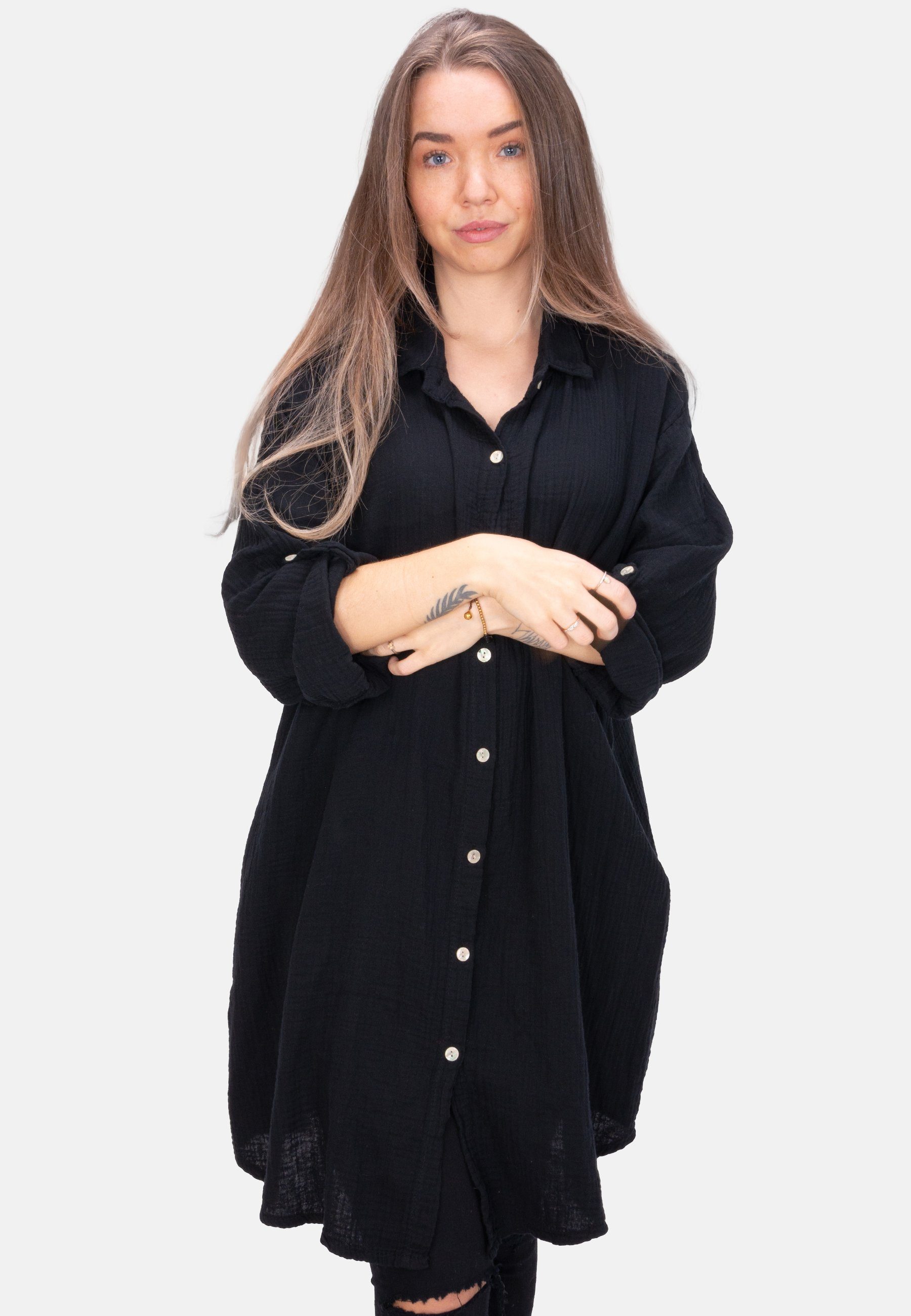 Seasons of April Hemdbluse Oversized Musselinbluse Jessy (1-tlg) Musselin Hemdbluse mit Knopfverschluss & Taschen 100% Baumwolle Schwarz | Hemdblusen