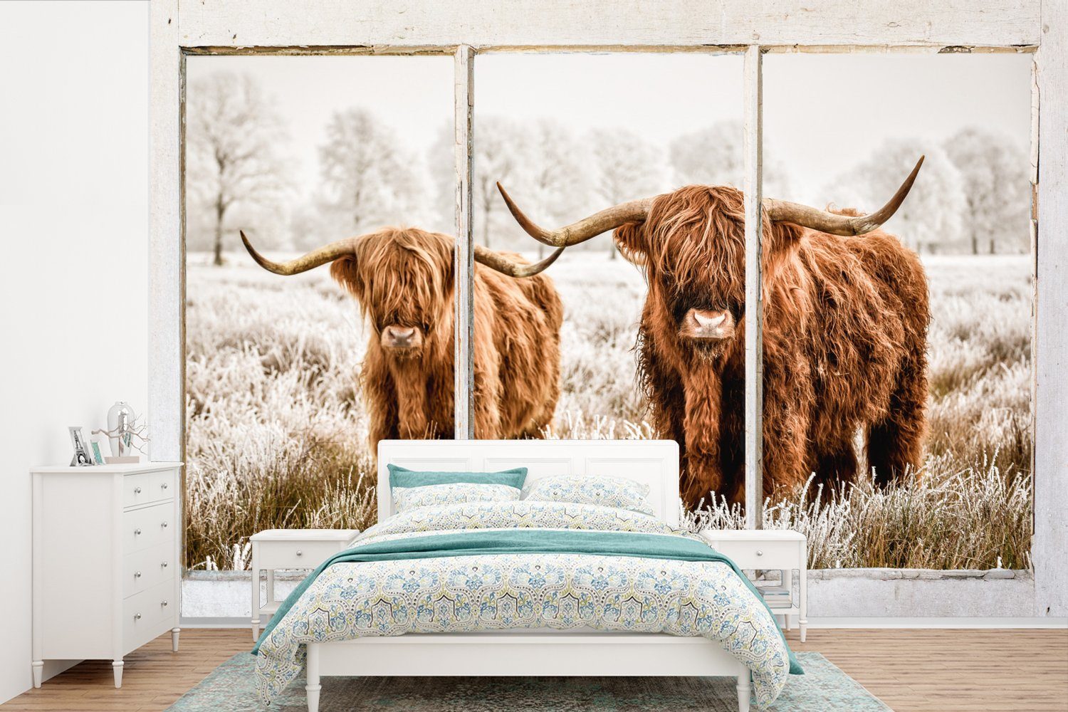 MuchoWow Fototapete Scottish Highlander - Ansicht - Kuh, Matt, bedruckt, (6 St), Wallpaper für Wohnzimmer, Schlafzimmer, Kinderzimmer, Vinyl Tapete