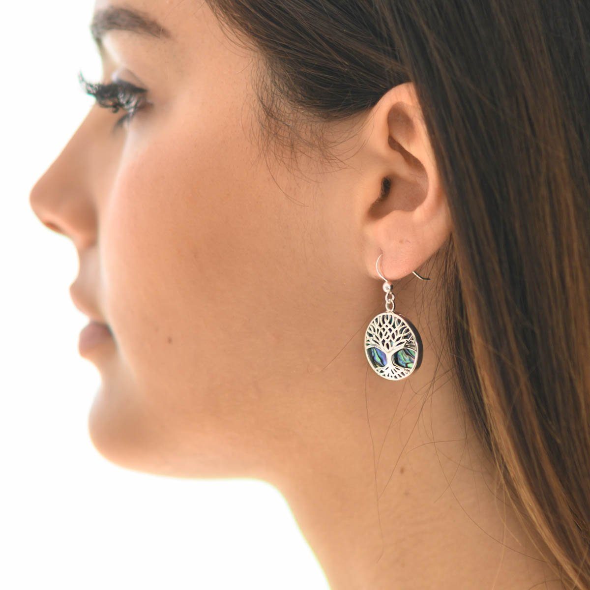 Materia Paar Ohrhänger Damen Lebensbaum Perlmutt Abalone Grün Ø19mm SO-274, Fassung aus 925 Sterling Silber