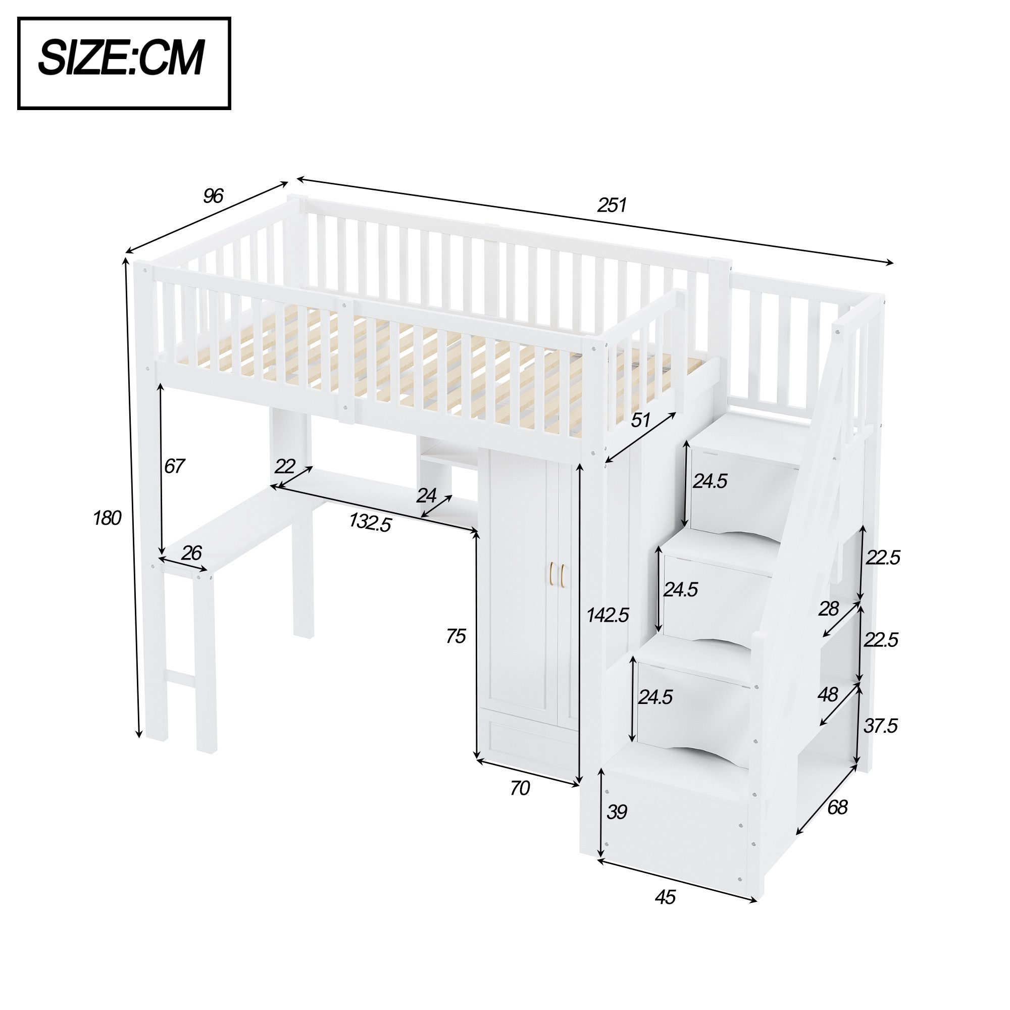 Merax Hochbett (Stauraumtreppe mit Schubladen, 1-St., Jugendbett Einzelbett Holzbett Etagenbett) Kieferholz Kinderbett 90x200cm mit großem Kleiderschrank,Regal  – Bild 4 von 5