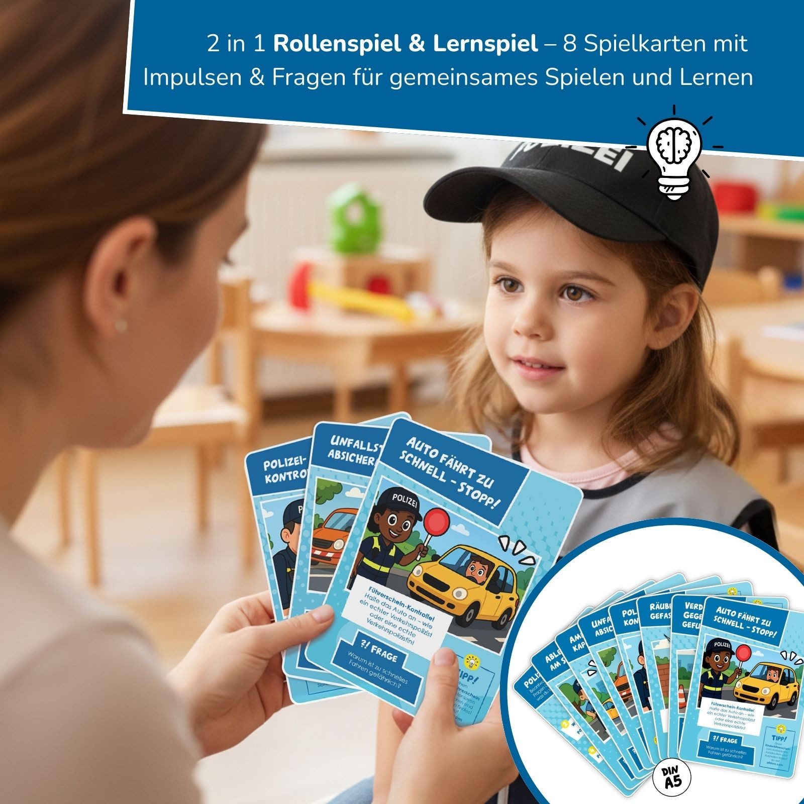 alldoro Spielzeug-Schutzweste Polizei Rollenspiel & Lernset, Polizei-Kostüm inkl. LED-Blaulicht, für Kinder 3-6 Jahre, Verkleidung mit Weste, Cap, Zubehör & 8 Karten