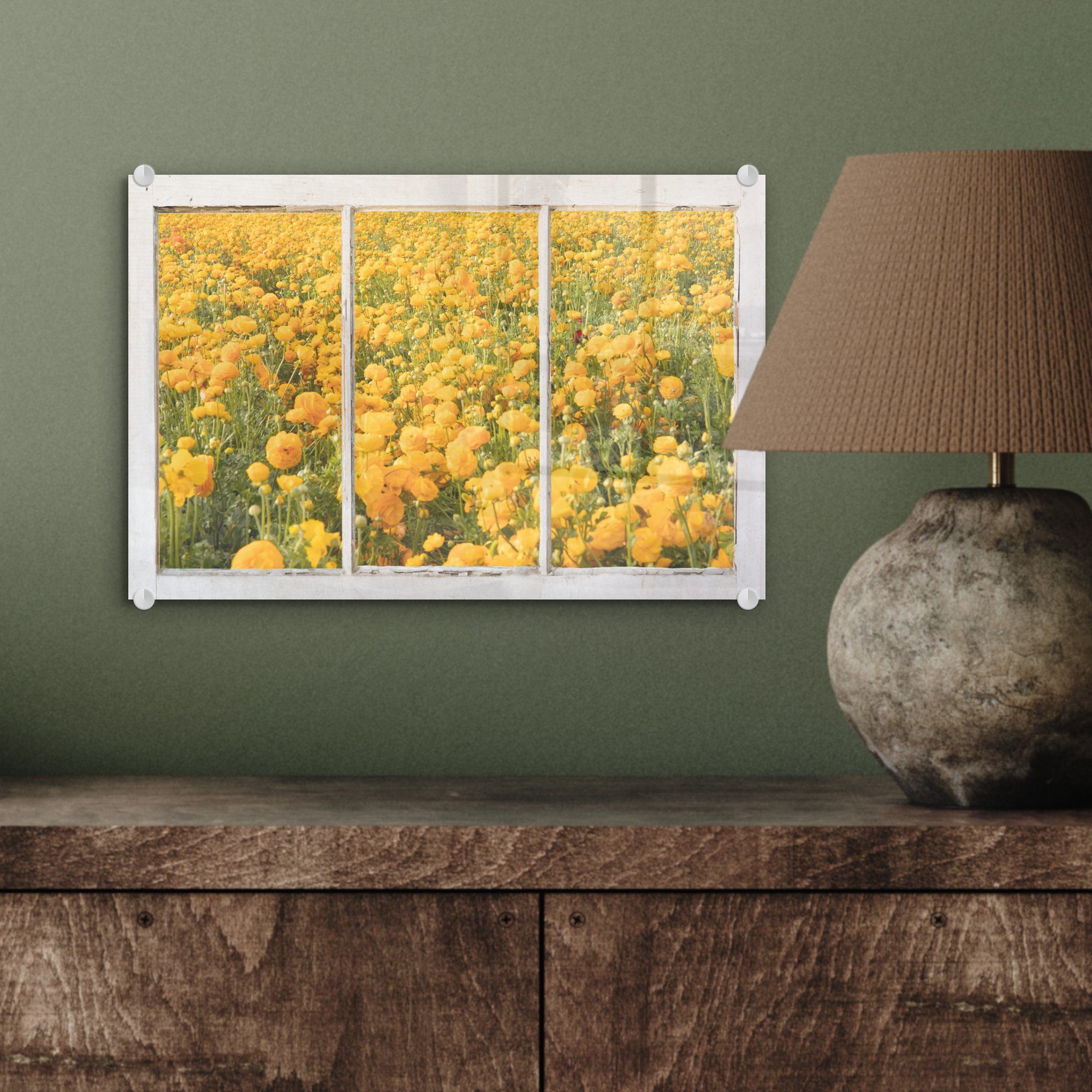 - Durchsichtig Foto Wandbild - Bilder MuchoWow - - Acrylglasbild Glasbilder Gelb, Wanddekoration St), auf Blumen auf Glas Glas - (1
