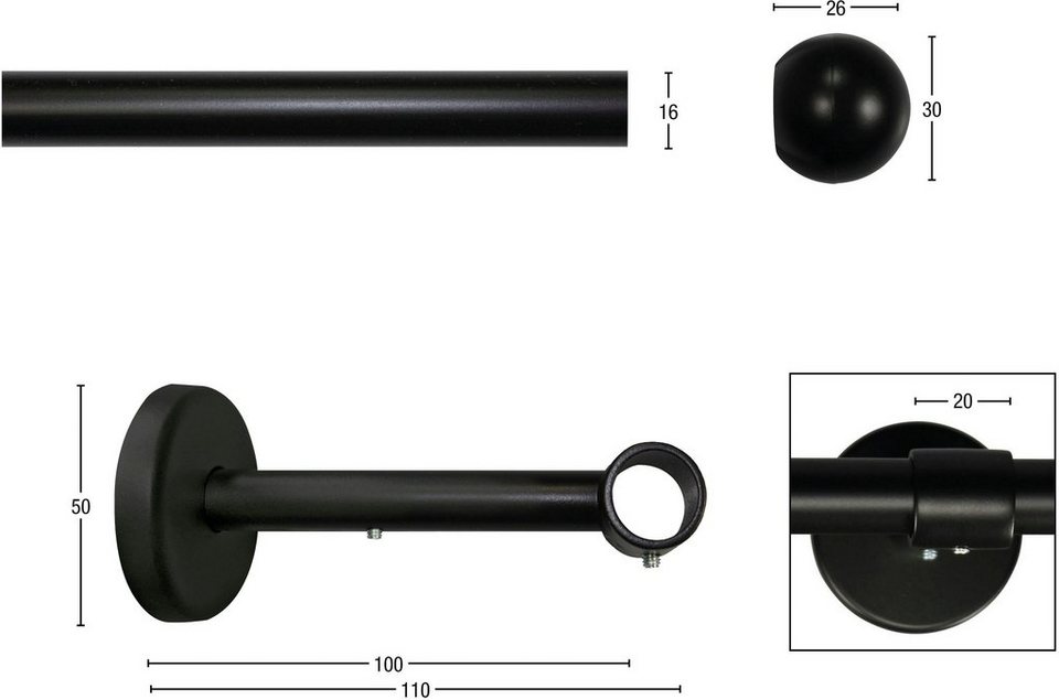 Gardinenstange BOLTI, GARESA, Ø 16 mm, 1-läufig, Wunschmaßlänge, mit Bohren,  verschraubt, Metall, Vorhanggarnitur, verlängerbar, Wandmontage, ohne Ringe