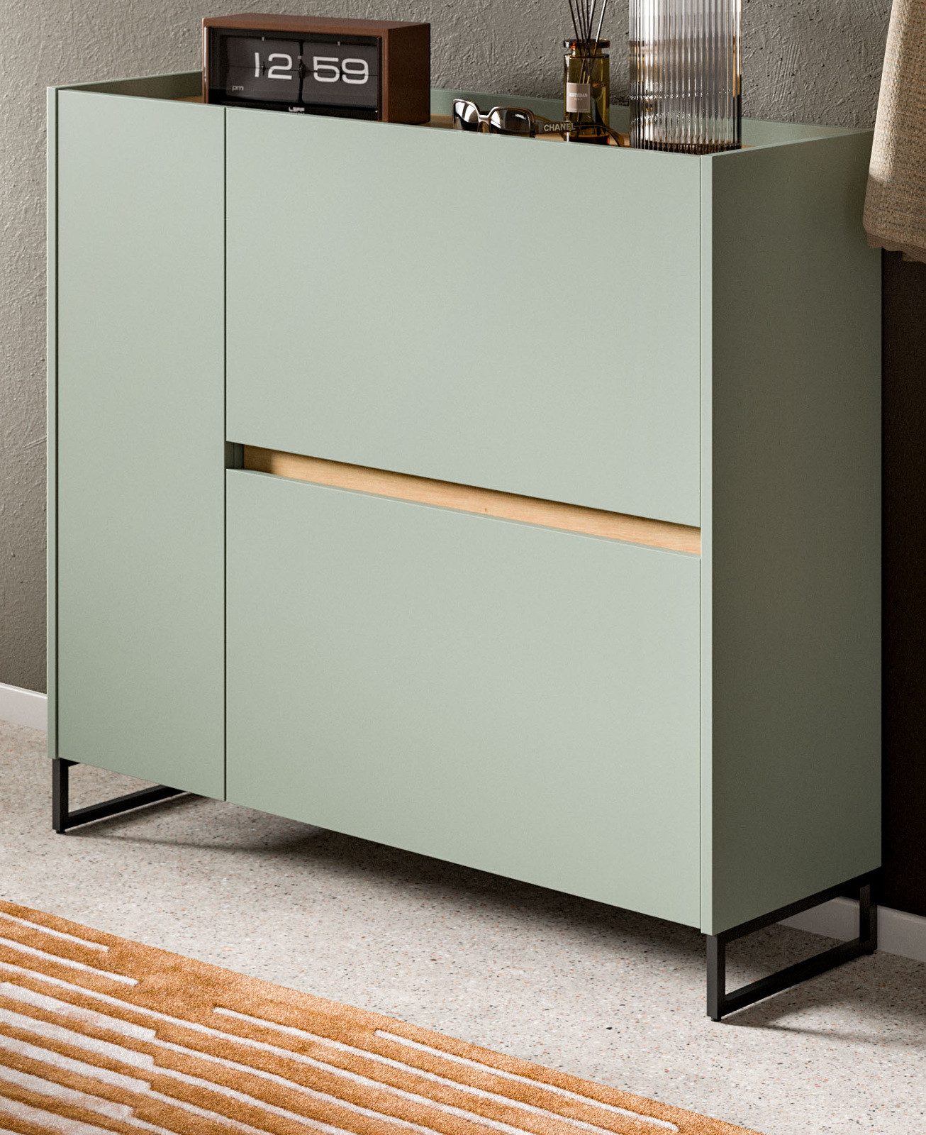 Inn.Furn Schuhkipper Borga (Flur Kommode in Salbei mit Eiche Artisan, 110 x 94 cm), mit zusätzlichem Stauraum und Soft-Close