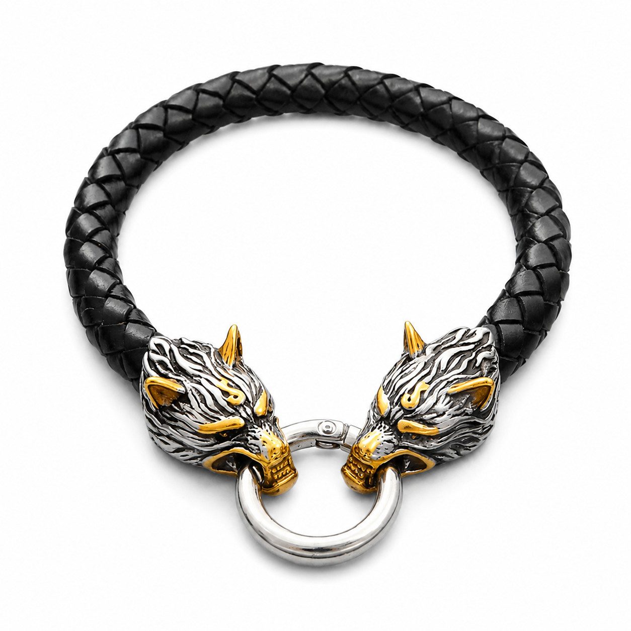 RAIKOU Lederarmband Wikinger Wolfskopf aus geflochtenem Leder mit Edelstahlverschluss