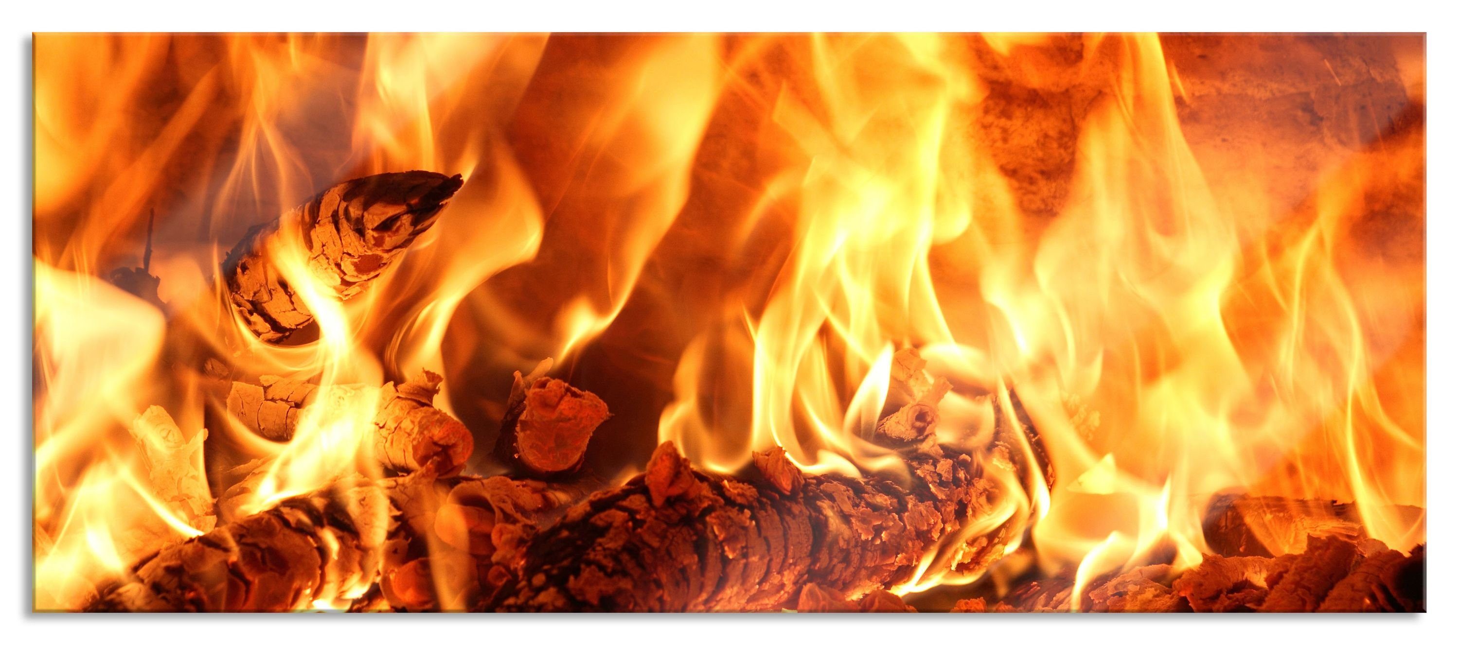 Pixxprint Glasbild Gemütliches Holz im Feuer, Gemütliches Holz im Feuer (1 St), Glasbild aus Echtglas, inkl. Aufhängungen und Abstandshalter