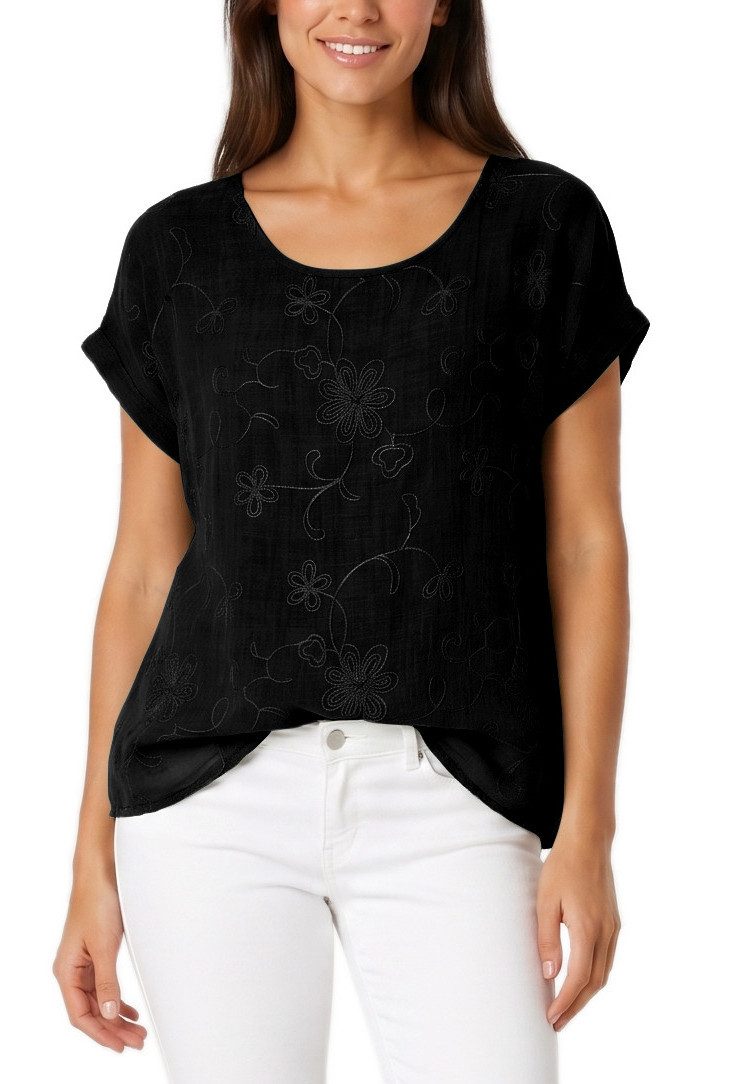 dy_mode Kurzarmbluse Kurzarm Bluse Elegantes Baumwollshirt Damen einfarbig Blusenshirt in Unifarben, Rundhalsausschnitt, mit Blumenstickerei