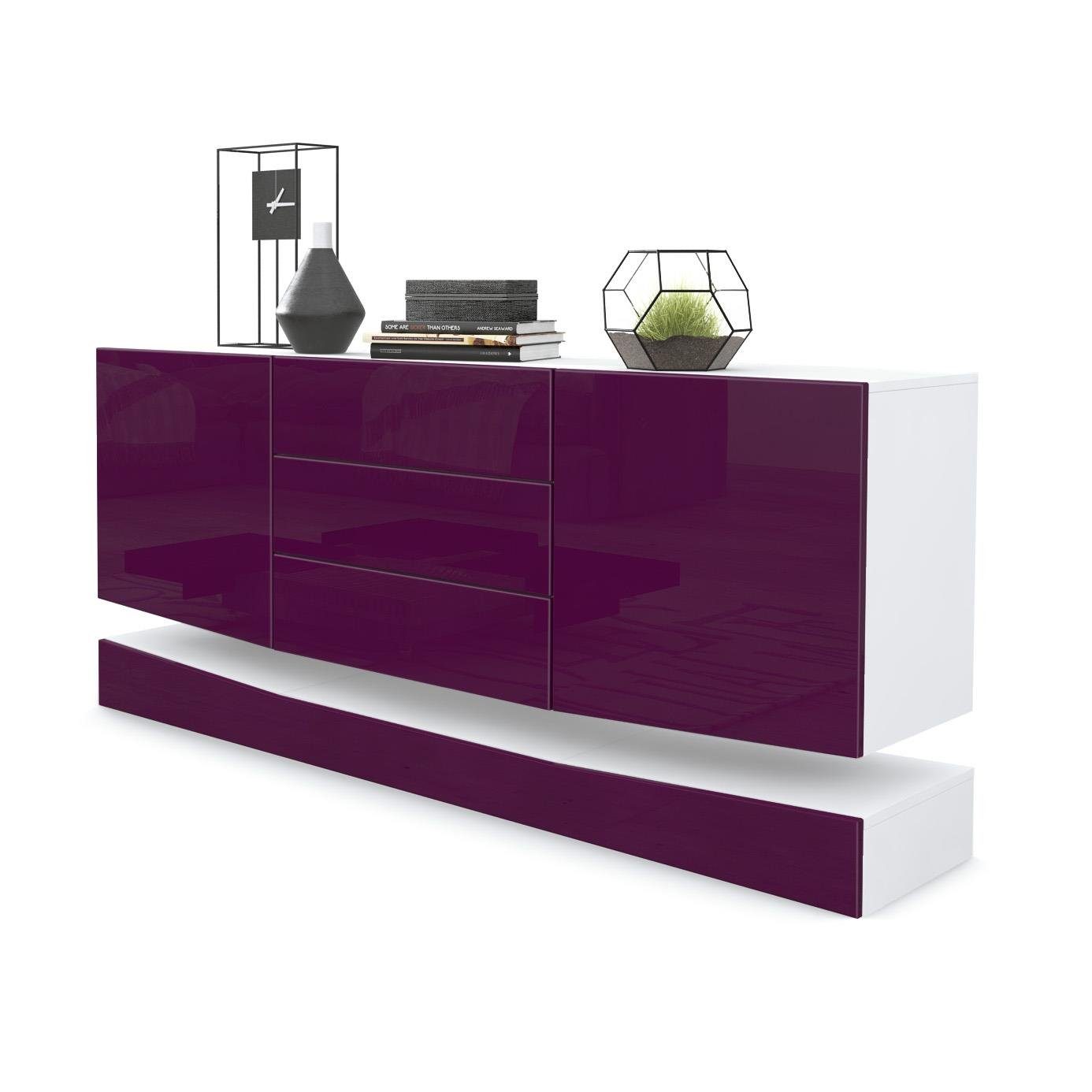 Vladon Sideboard City (Kommode, mit 2 Türen und 3 Schubladen), Weiß matt/Brombeer Hochglanz (178 x 72 x 38 cm)