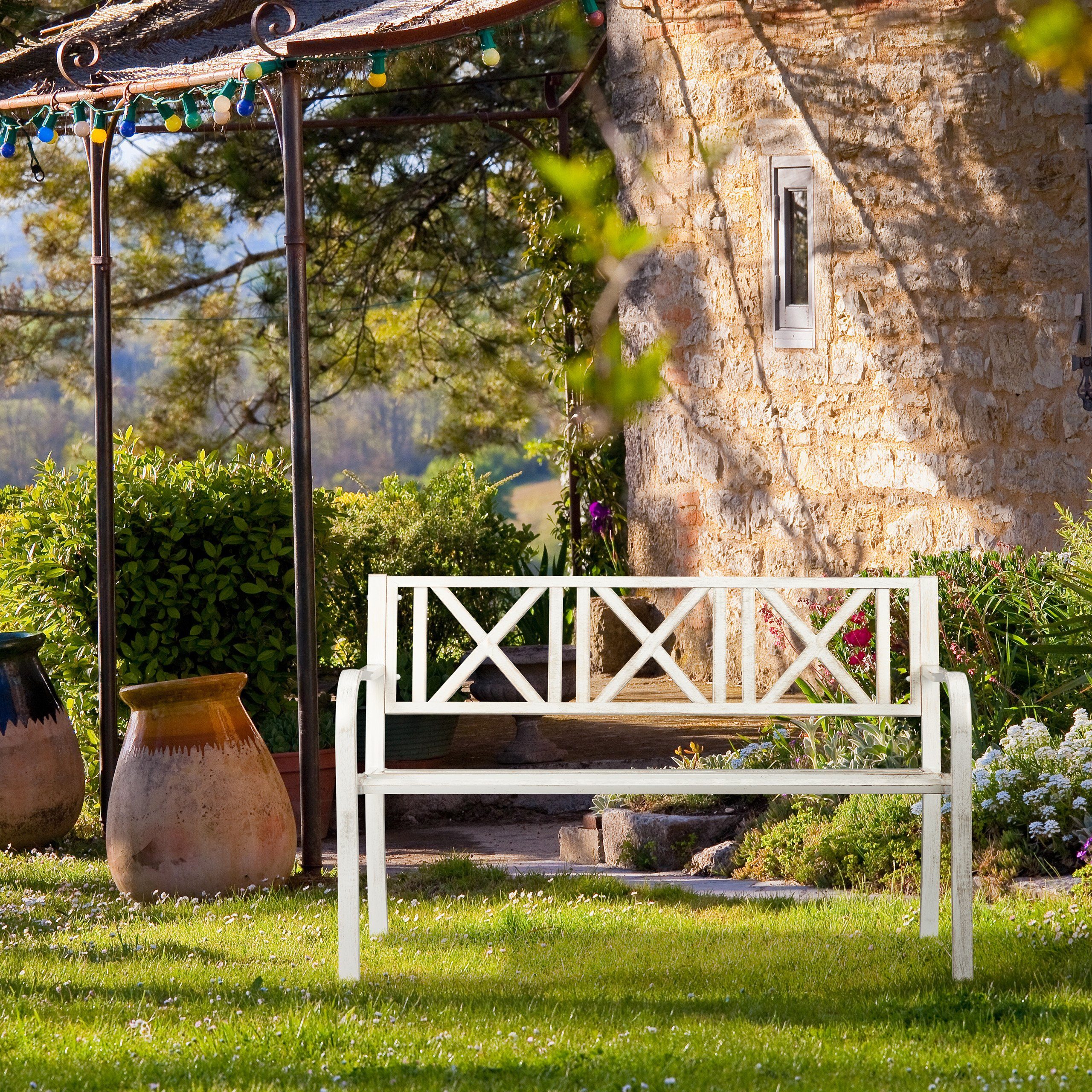 relaxdays Gartenbank Metall, Weiß-Bronze günstig online kaufen