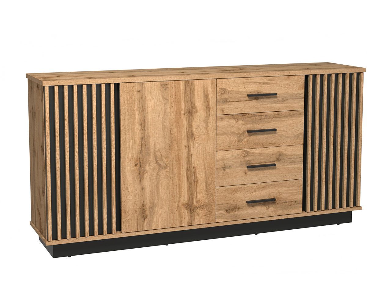 Feldmann-Wohnen Kommode Lamia (3 Türen, innen Holzböden, 4 Schubladen, 1 St., Kunststoffgriffe in schwarz, Front mit dekorativen Lamellen), 178x40x88cm Eiche Wotan schwarz 3-türig