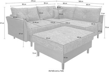 COLLECTION AB Ecksofa Reina L-Form, Ottomane beidseitig, 4 Rückenkissen & 2 Zierkissen, Massivholz-Füße